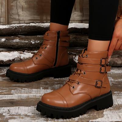 Punk Style Buckle Thick Sole Combat Boots Women 2024 Plus Size Platform Ankle Booties Mujer Pu Leather Motorcycle Boots Woman