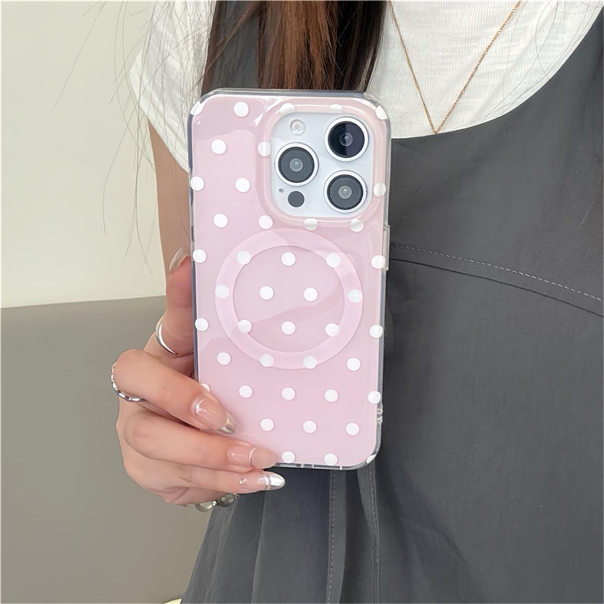 

Korean Cute Pink Polka Dot Magnetic Phone Case For iPhone 16 Pro 14 15 Pro Max Cover with Cake Stand Holder Cases For Magsafe Fu For iPhone 16