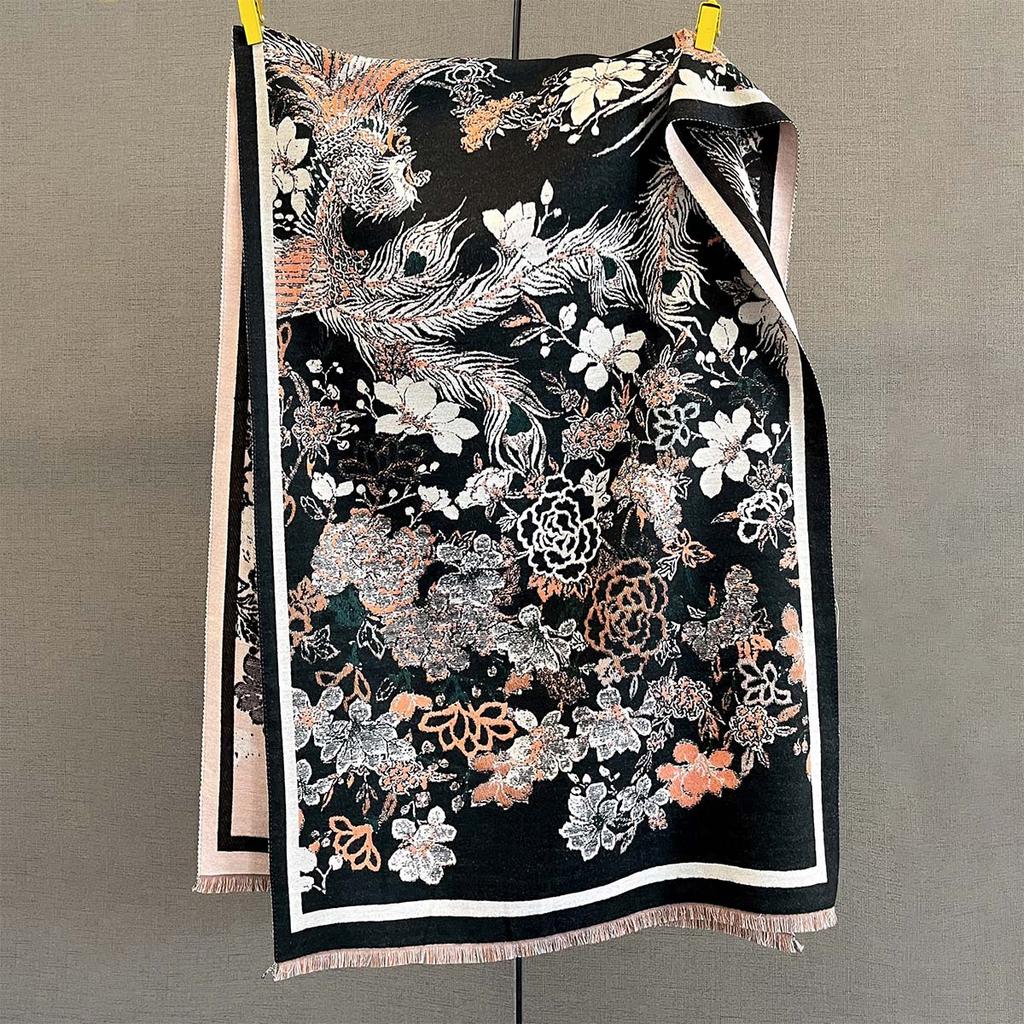 Autumn And Winter Phoenix Flower Jacquard Scarf Women'S Versatile Thickened Warm Scarf Shawl Dual-Purpose