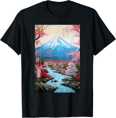 Mount Fuji Ukiyoe Kersenbloesem Grafisch T-shirt Zacht Katoen Casual Korte Mouw T-shirt voor Mannen