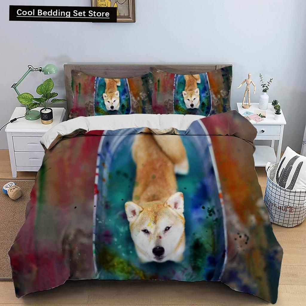 Yellow Shiba Inu King Queen Bedding Set Lovely Puppy Duvet Cover Family Pet Animal Quilt Cover 2/3pcs Polyester Comforter Cover