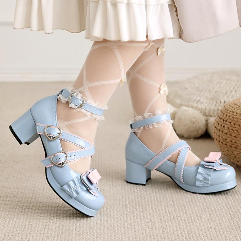 Sweet Bow Low Heels Women's Lolitas Shoes Spring Ankle Strap Red White Heeled Wedding Office Party Shoes Female Large Size 45