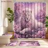 4Pcs Enchanted Lion Shower Curtain Set with Non-Slip Bath Mat, Toilet Lid Cover, Contour Rug & 12 Hooks, Bathroom Decor