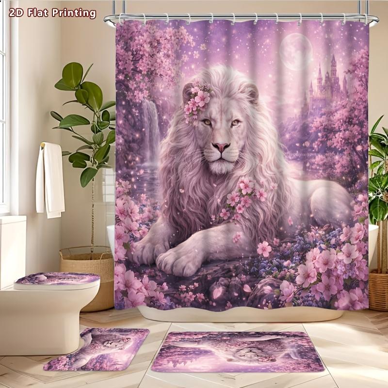 4Pcs Enchanted Lion Shower Curtain Set with Non-Slip Bath Mat, Toilet Lid Cover, Contour Rug & 12 Hooks, Bathroom Decor