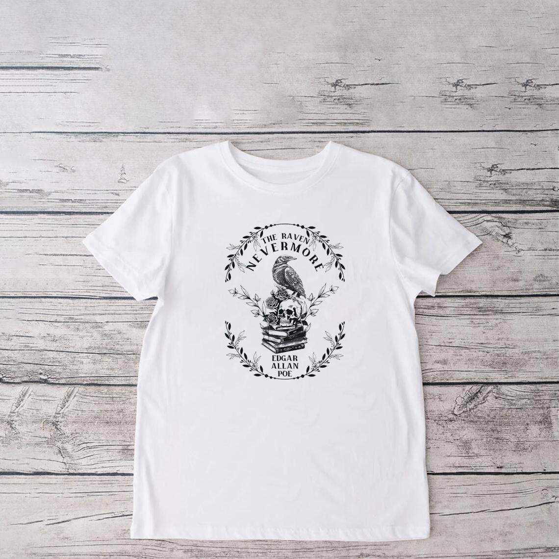 

Футболка Эдгара Аллана По Nevermore Ворон Футболка для книголюба Хэллоуин Призрачный Готический Подарок Светлая Темная Академия Фильм ужасов 4XL