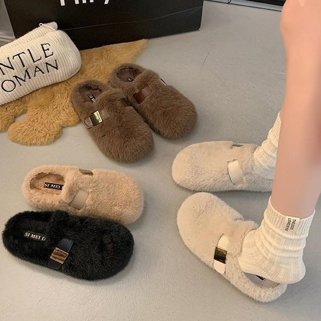 Versatile thick-soled fluffy shoes single shoes women's 2025 autumn and winter new outer wear small plush one-pedal bag head shoes women