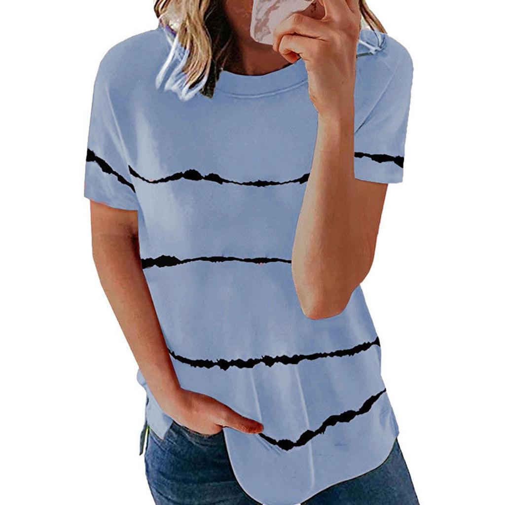 Fashion Women's Loose Short Sleeve T-shirt Round Neck Stripe Print Tops