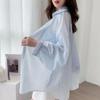 Sommer Damen Sonnenschutzkleidung Transparentes Gestreiftes Hemd Übergröße Locker Langarm Koreanische Sonnenschutzbluse Tasche Süße Oberteile