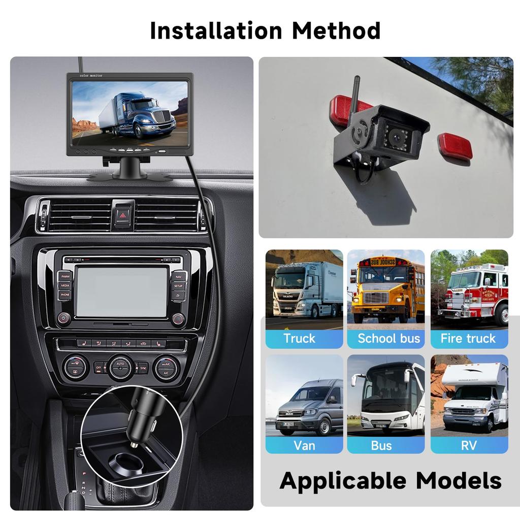 This wireless backup camera features two IP68 waterproof night and is suitable for and It operates from 12V to 7-inch monitors, rating, ultra-bright