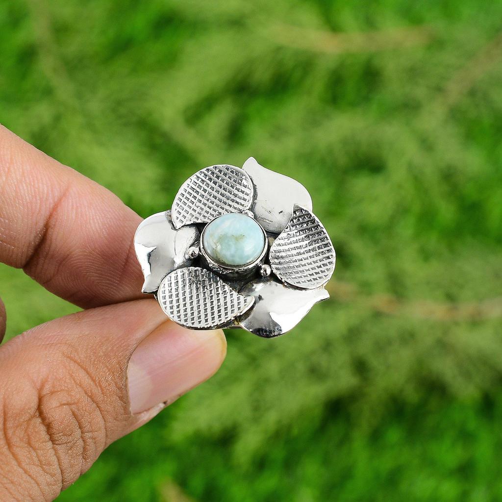 Natural Larimar Gemstone Solitaire Flower Blue Adjustable Ring 925 Silver