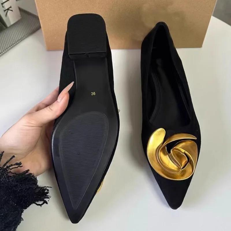 Soleist Pointed Toe Summer Women Flats Elegant Metal Flower Trend Black Luxury Female Dress Shoes Solid Work Office Footwear