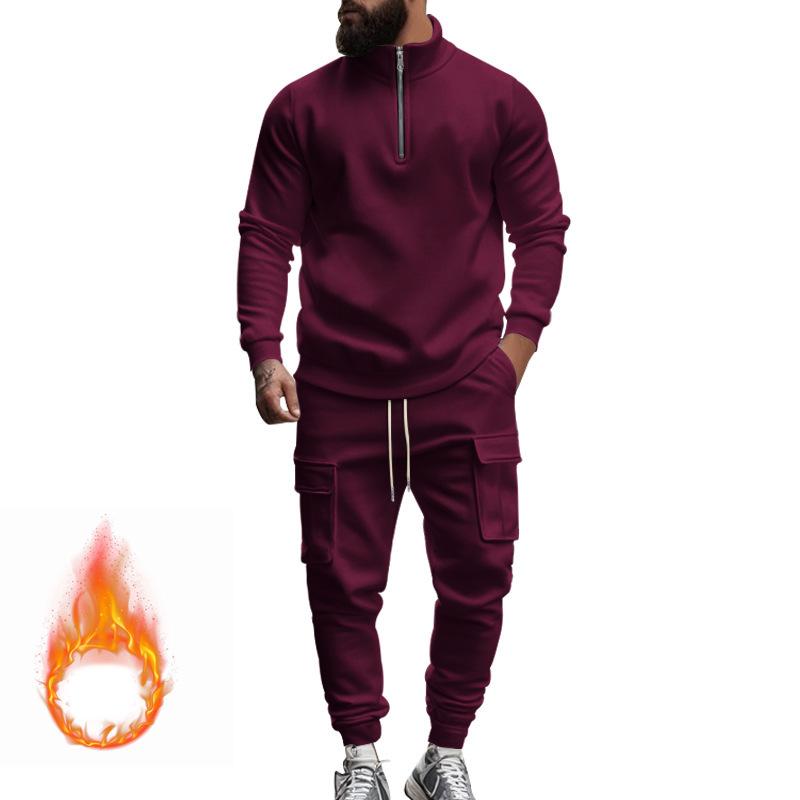 Autumn and Winter Men's New American Men's Casual Velvet Thermal Zipper Men's Sports Trousers Set