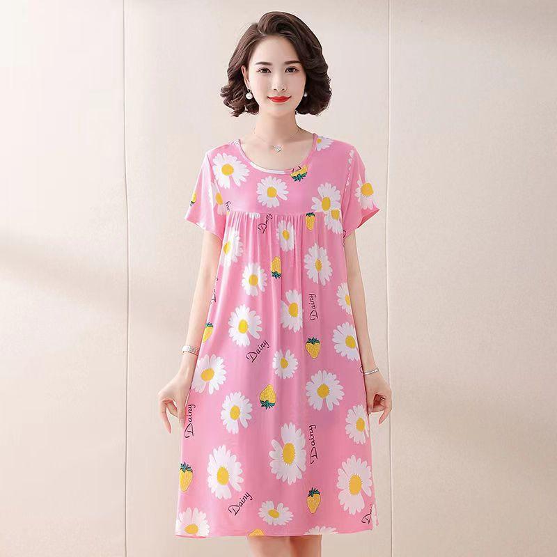 Women's Short Sleeve Women's Cotton Silk Nightgown Printed Summer Nightdress Home Clothes