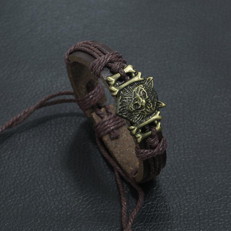 Vintage Braided Leather Bracelet Hand String Copper Zinc Alloy Wolf Head Imitation Cowhide Bracelet Jewelry for Men and Women