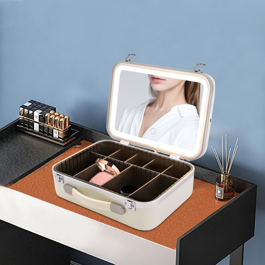 Large Capacity Portable Makeup Organizer with LED Lights, Touch Screen Mirror - Tabletop Cosmetic Storage Case, Vanity Organizer