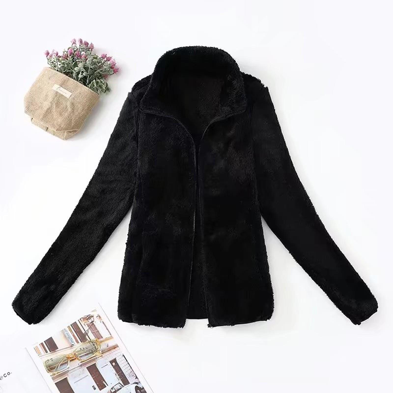 

Жіноча модна тепла повсякденна куртка з довгим рукавом і повною блискавкою зі штучного хутра. Верхній одяг L чорний