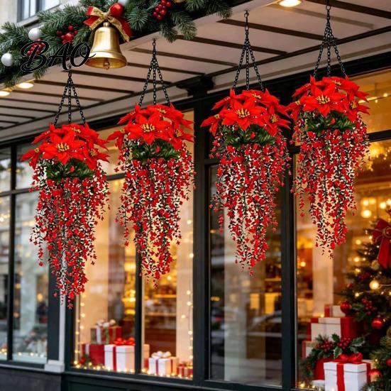 Artificial Floral Arrangement Christmas Poinsettia Hanging Garland, Silk Flowers with Red Berries DIY Ornament And Greenery, 85cm Outdoor Holiday