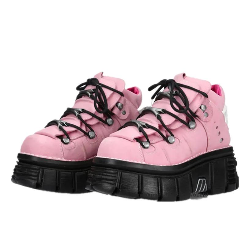 

Женская обувь в стиле панк, каблук на шнуровке, высота 6 см, туфли на платформе, женские готические ботильоны в стиле рок, женские кроссовки с металлическим декором 36 розовый