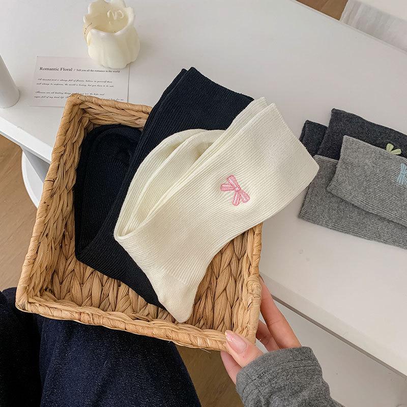 Embroidered Bow Socks Medium Socks Simple Trendy Double Needle Girls Growth Socks Student Vertical Strip Pile Socks Girl