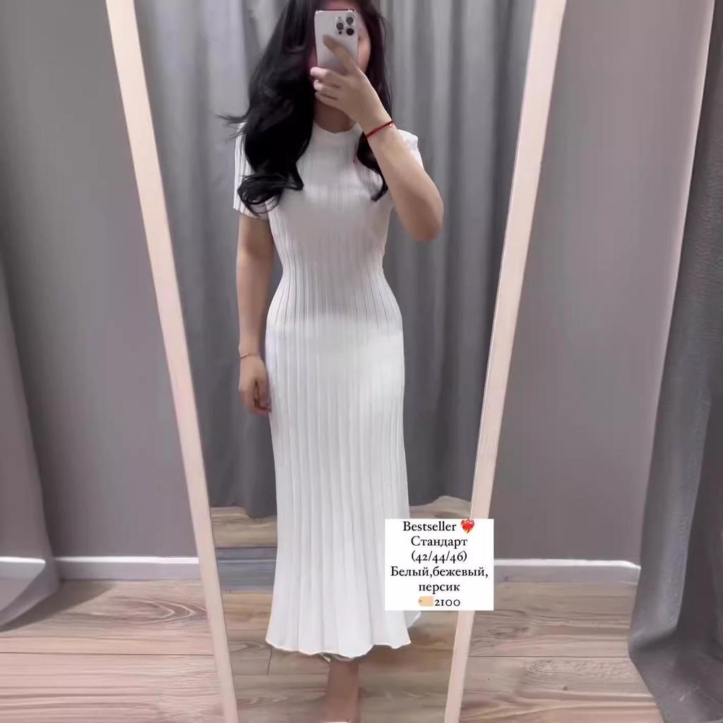 2024 Summer European & American Solid Color Slim-Fit Round Neck Knitted Long Elegant Dress