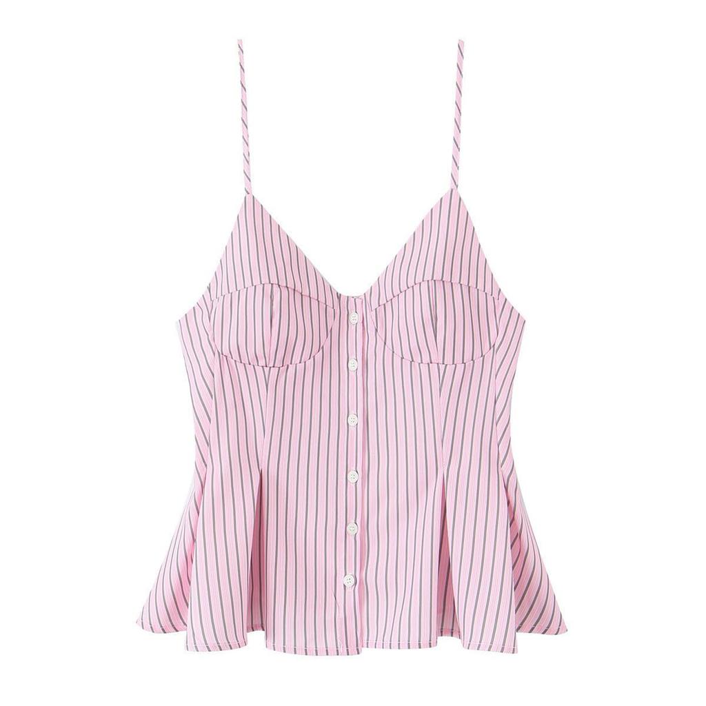 Women's Fashionable Sexy V Neck Striped Suspender Button Short Top