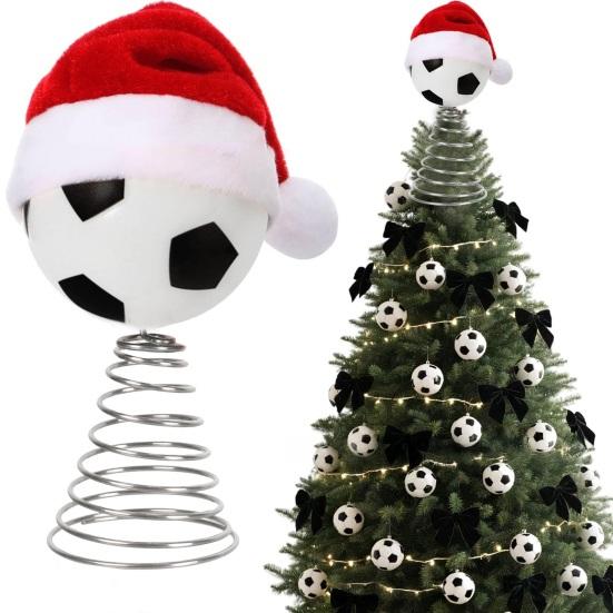 Rugby Christmas Tree Topper with Santa Hat Spring Base Bouncing Sports Ornament