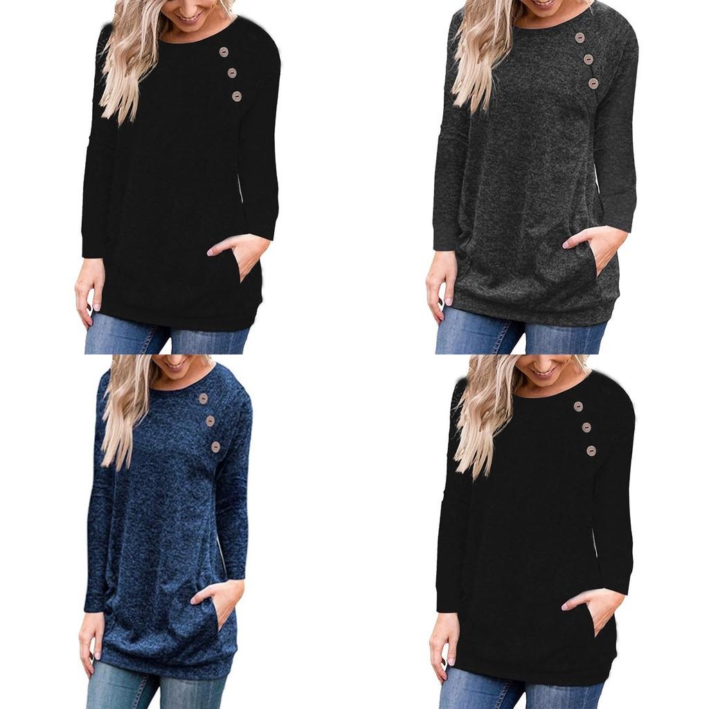 Stylish Women's Pullover Long Sleeve Solid Button Sweatshirt Top For Casual Wear
