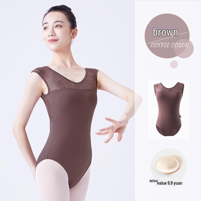 Damen Hochtaillierter Spitzen Ballett Tanz Leotard Small kaffeebraun