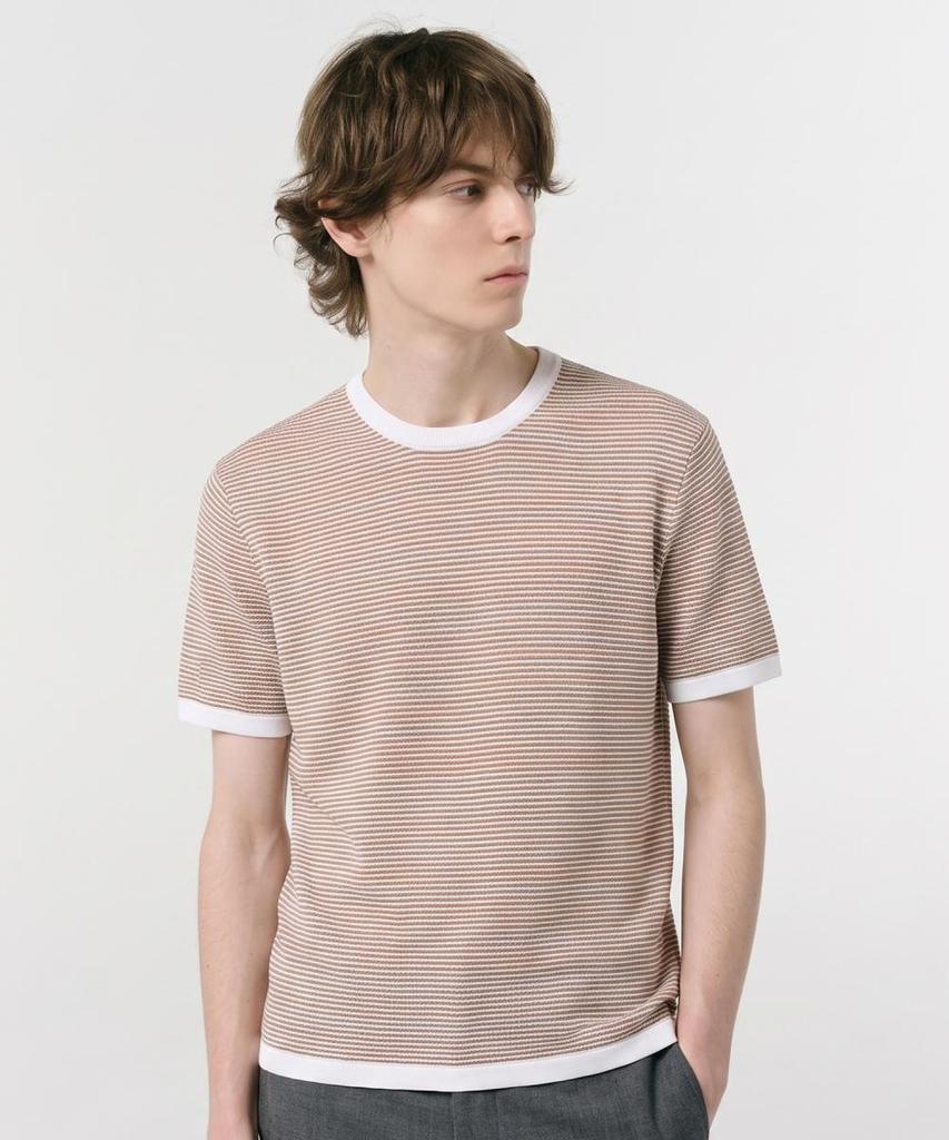 NOTIG Cotton Blend Striped Short Sleeve Knit Orange_Oks3Swts105O1
