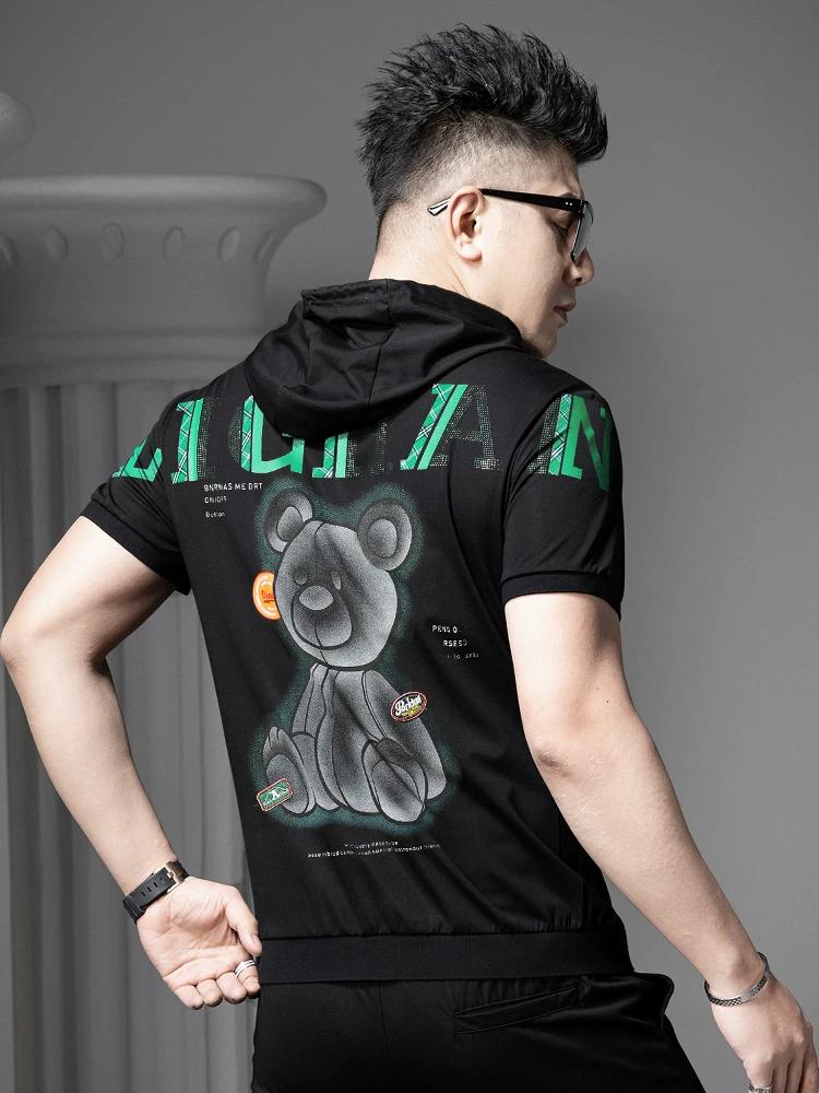 European Style High-End Men's Short-Sleeve T-Shirt 2025 Summer New Trendy Bear Print Hooded Half-Sleeve Sweatshirt