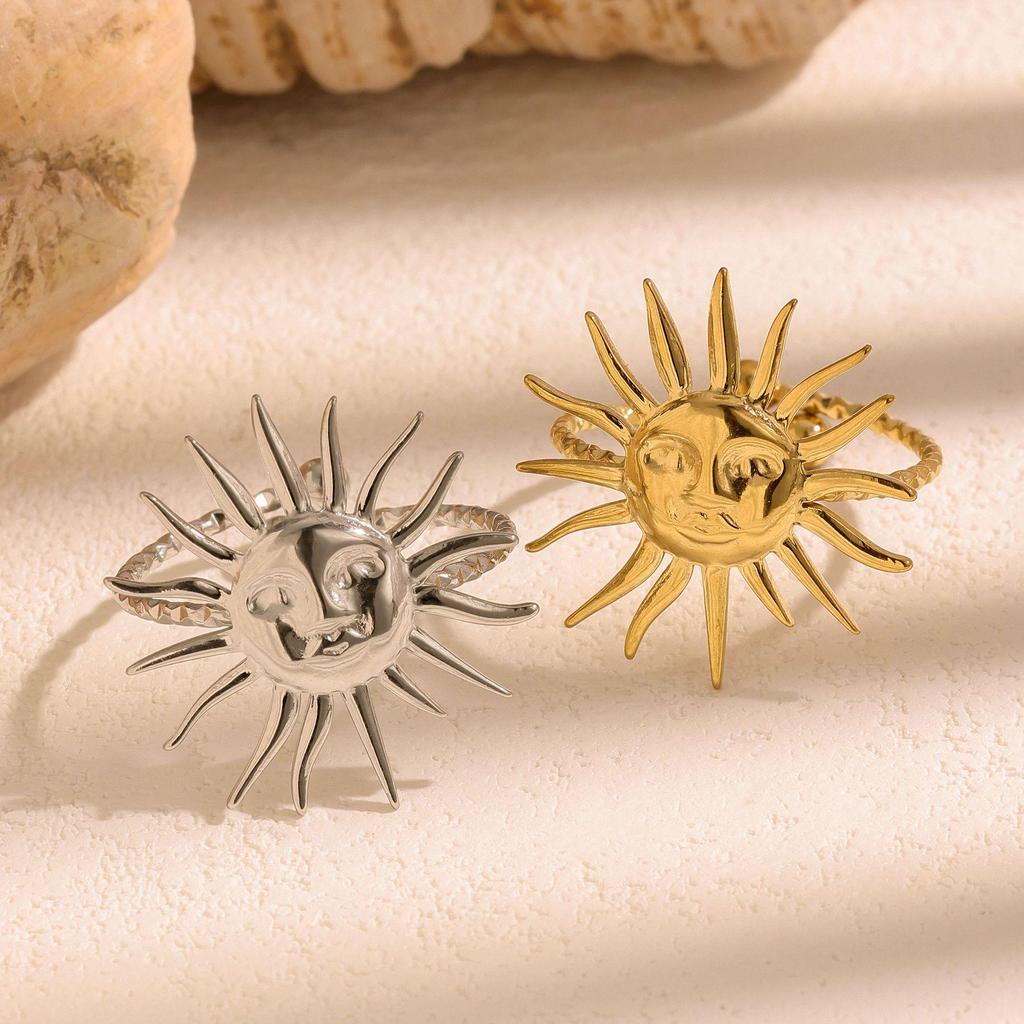 Stainless Steel Sun Design Open Ring for Women – Cute, Non-fading Titanium Steel
