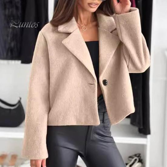 Women Woolen Jacket Turn-down Collar Solid Color Single Button Closure Coat Loose Short Type Thermal Long Sleeved Commuting Dating Spring Fall Winter