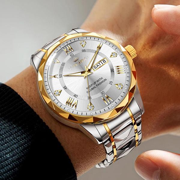 LOUIE JUELEN  Business Men's Gold Stainless Steel Watch Strap Waterproof Dual Calendar Mechanical Quartz Simple Pointer Watch