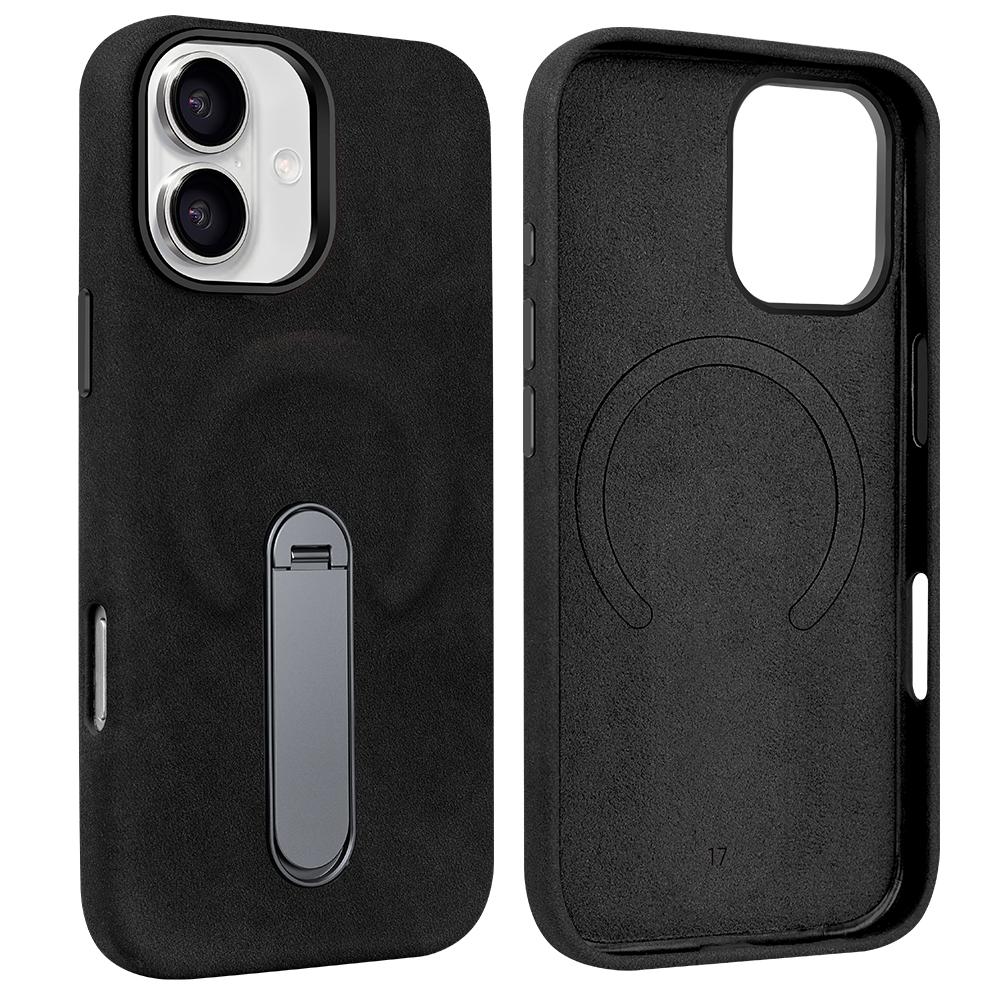 Suede PU Leather Magnetic Phone Case for iPhone 17 pro with 360° Rotatable Metal Holder Compatible with iPhone 17/16/15 Pro Max