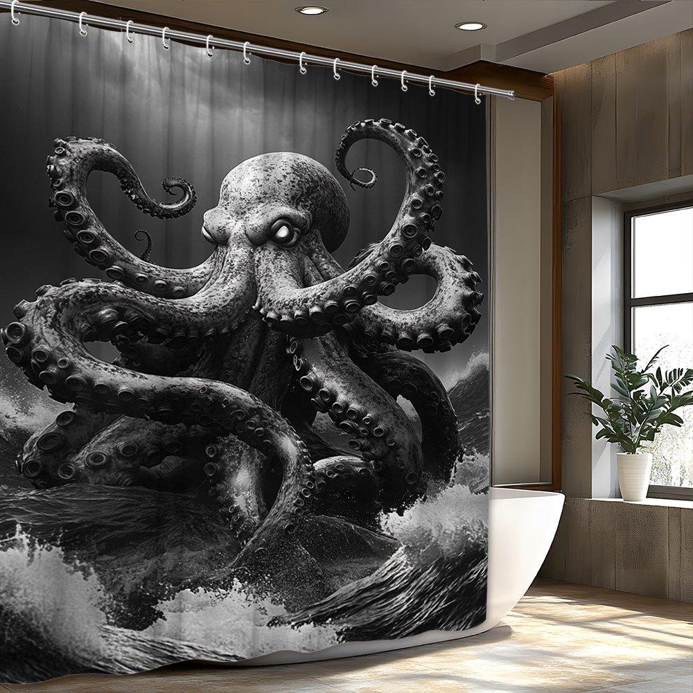 

Black And White Art Storm Sea Terrible Octopus Shower Curtain Fantasy Bathroom Decoration, With 12 Hooks, Shower Curtain W60H190(CM)-1 Pcs