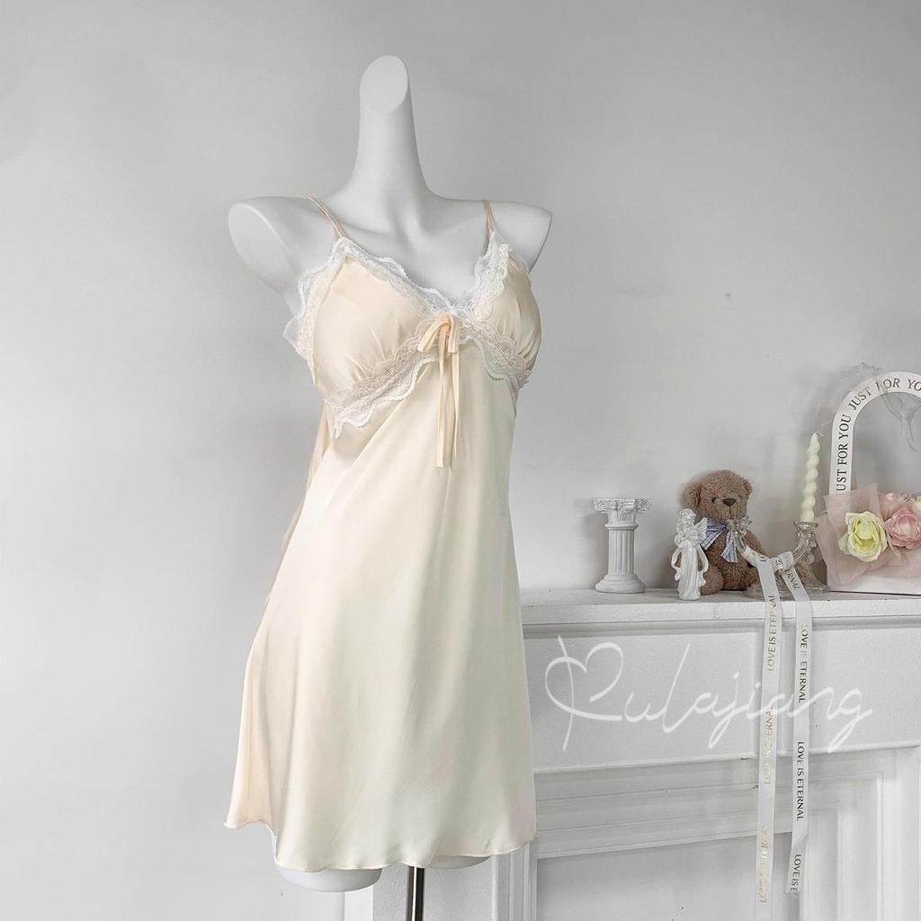 Satin Ice Silk Lace Nightdress with Chest Pad - Women's Thin Sling High-End Pajamas