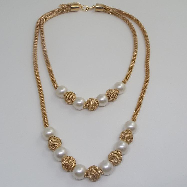 Double Layer Pearl and Round Ball Necklace - European and American Fashion Style