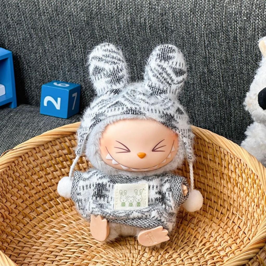 17CM Labubu Doll Coat Rabbit Hat Knitted Sweater Set Labubu Clothes