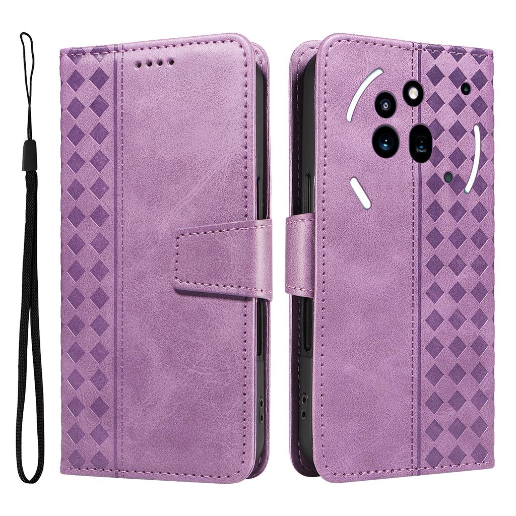 For Nothing Phone (3a) Pro Leather Case Wallet Stand Grids Imprint Phone Cover with Strap