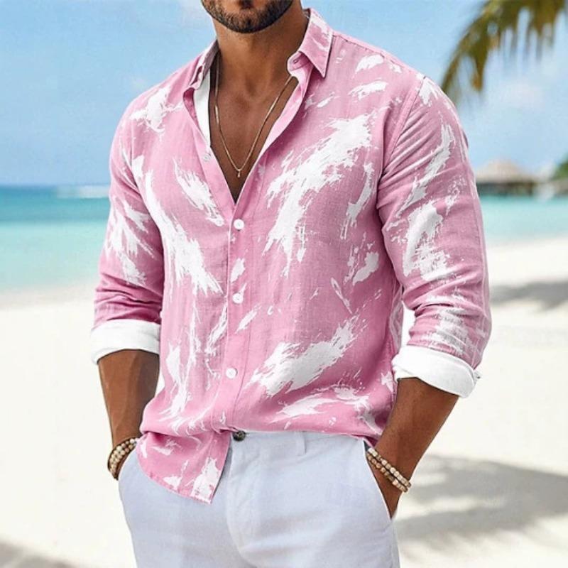 Men Loose Abstract Print Turn Down Collar Long Sleeve Casual Shirt