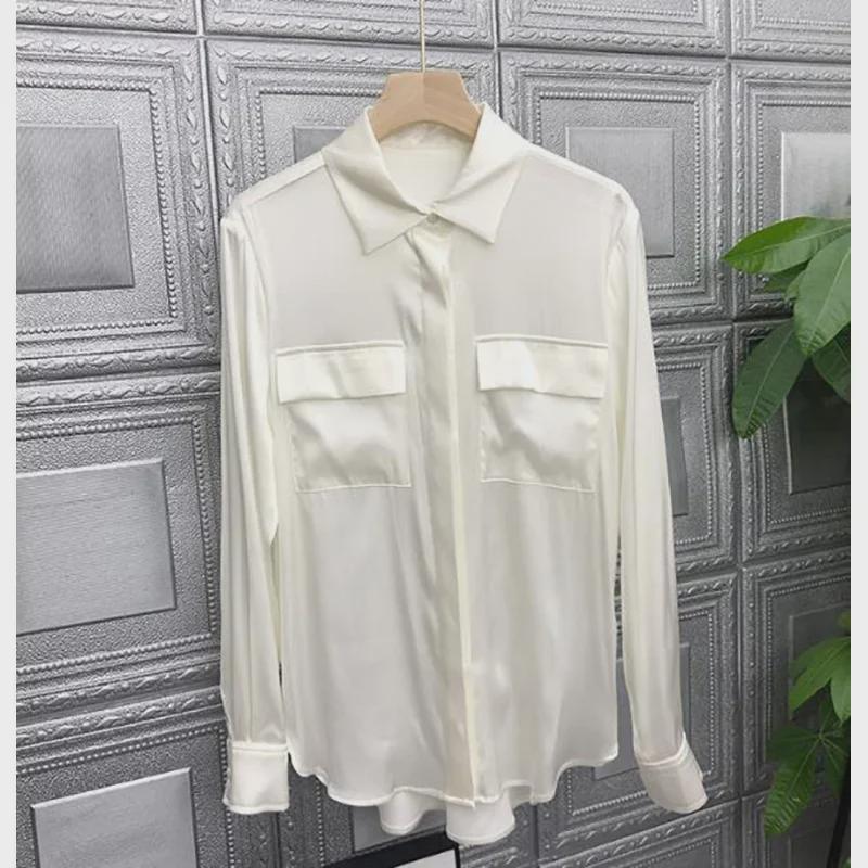 Silk Satin White Shirt: Elegant Foreign Design, Spring 2025 Women's Fashion