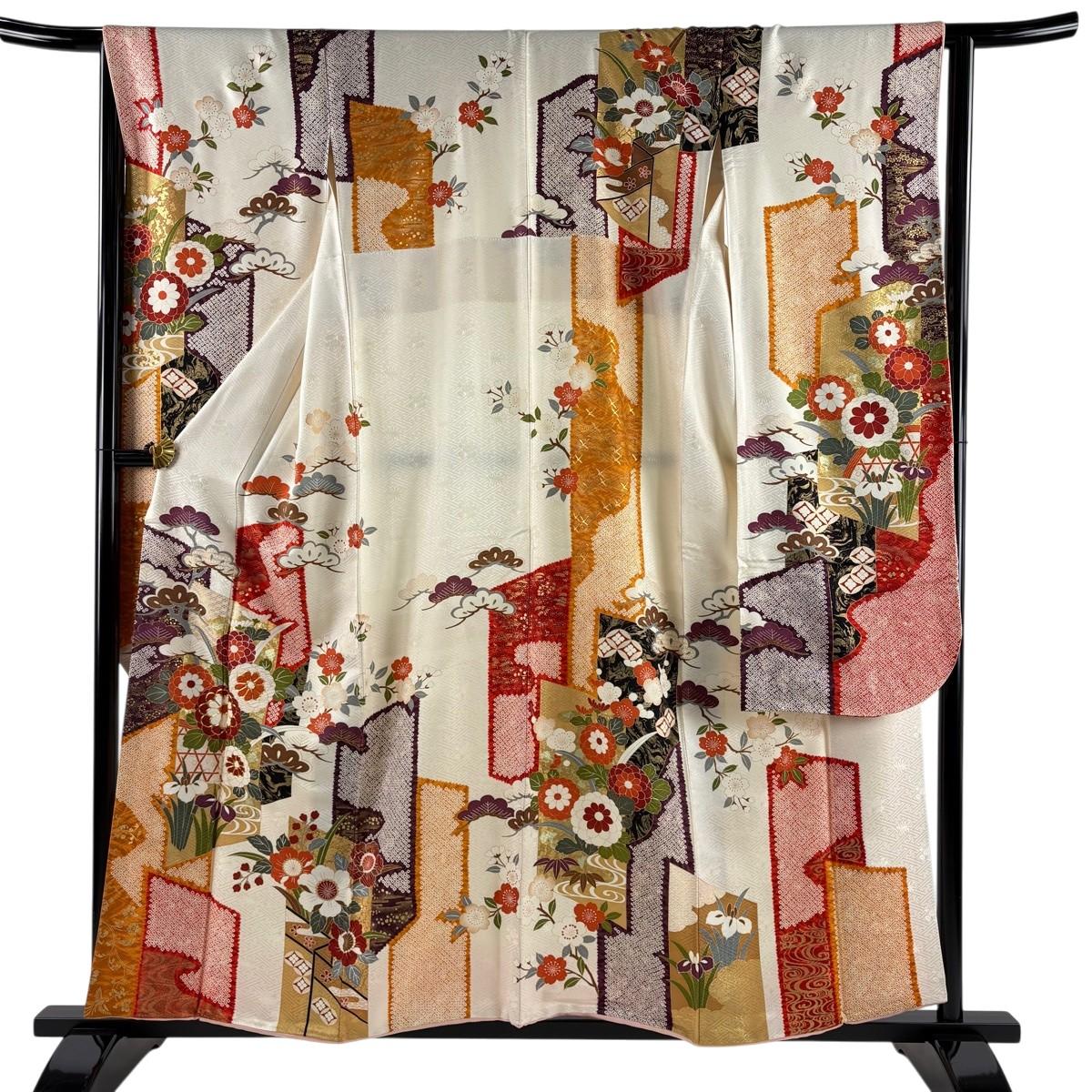 

Furisode, Length 156.5cm, Sleeve length 65cm, M, Fleece cotton, Chrysanthemum, Kasamatsu, Gold thread, Gold color, Cream, Pure silk, Masterpiece