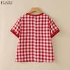 ZANZEA Women Bow Collar Casual Short Sleeve Plaid Print Blouse