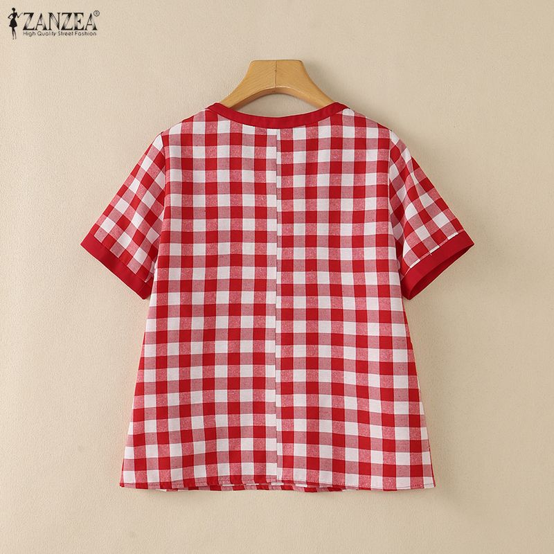 ZANZEA Women Bow Collar Casual Short Sleeve Plaid Print Blouse