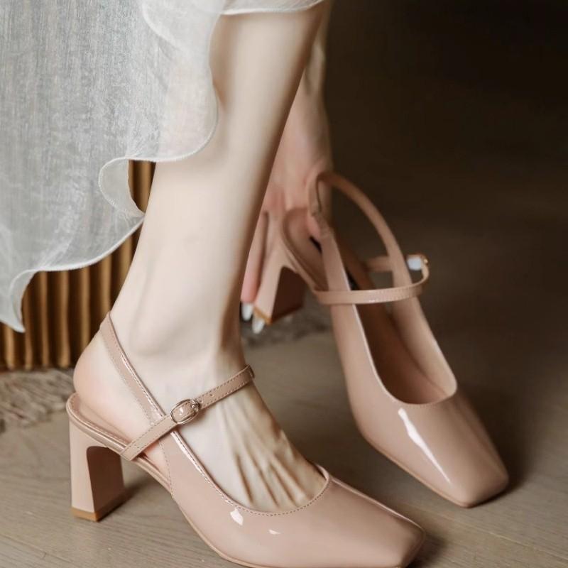

Туфли Мэри Джейн женские на толстом каблуке новые минималистичные розовые летние с пустым квадратным носком на высоком каблуке женские 34