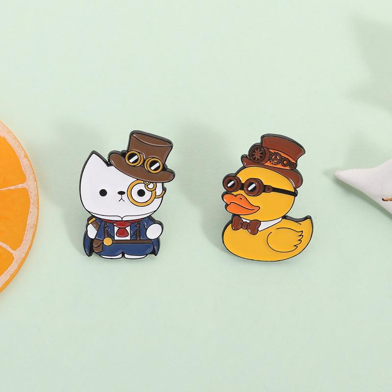 Cartoon Detective Yellow Duck Enamel Pins Funny White Cat Solving Mystery Animal Brooches Lapel Badge Jewelry Gifts for Friends