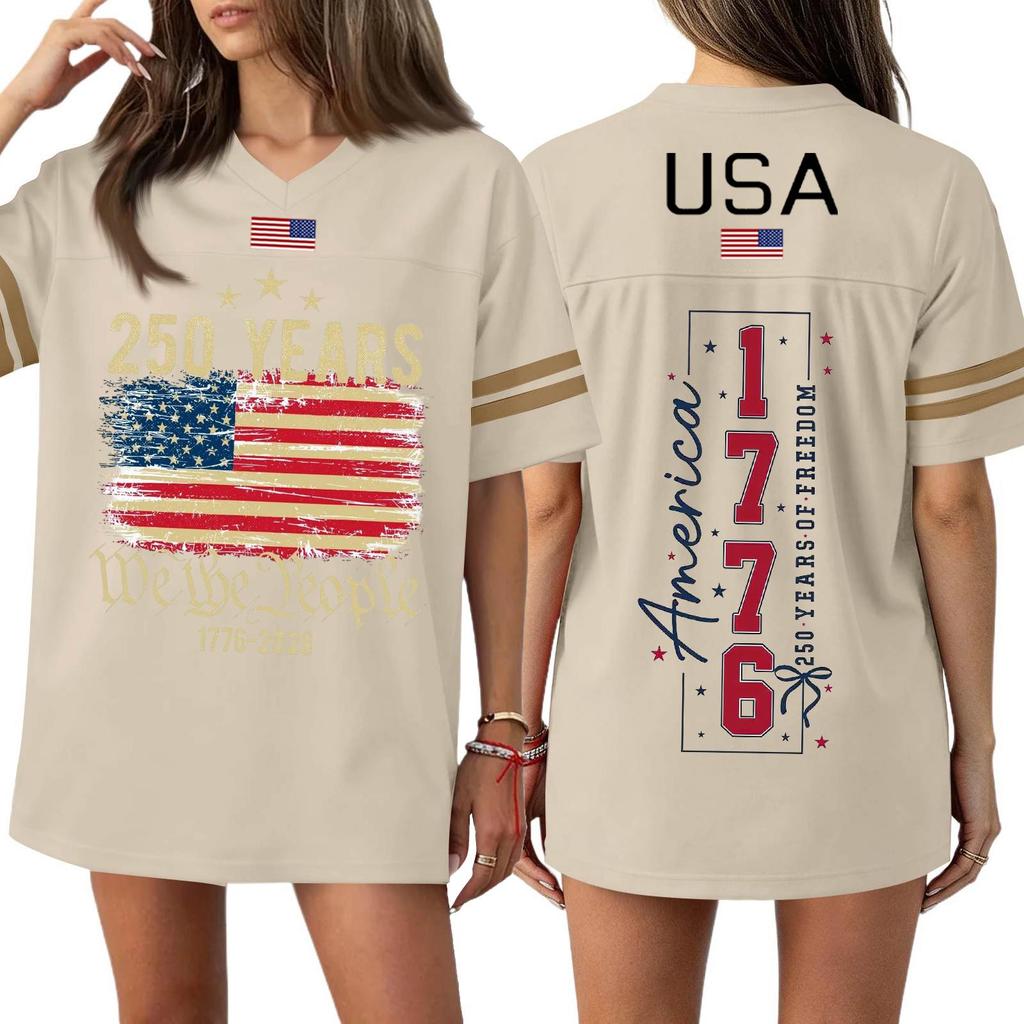 Women's Casual Fashion V-Neck Sports Independence Day Print Short Sleeve Sports T-Shirt Top