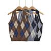 American Retro Plaid Knit Halter Backless V-Neck Slim Fit Button Sleeveless Sweater Vest