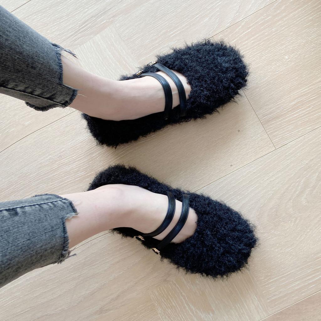 2025 autumn and winter new square-headed mink fluffy warm color matching thick-soled ballet beanie women's single shoes flat-soled