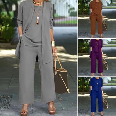 3 Pcs/Set Women Coat Vest Pants Set Long Sleeve Cardigan O Neck Sleeveless Vest Elastic Waist Wide Leg Trousers
